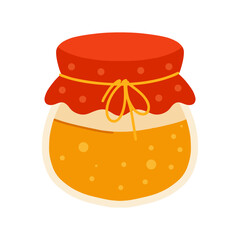 Jar of jam with fabric cover and ribbon. Homemade craft product. For labels, packaging, recipe cards, market flyers, food blogs, stickers.