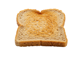 A single slice of golden-brown whole wheat bread toast with crisp edges, macro shot on an immaculate bright white background with copy space, appetizing comfort food concept