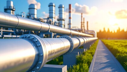 A sunlit industrial landscape featuring metallic pipelines extending through a green field