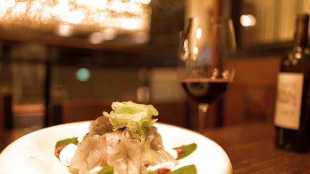 Gourmet Thai Spicy Prawn Salad with Red Wine in Fine Dining Restaurant
