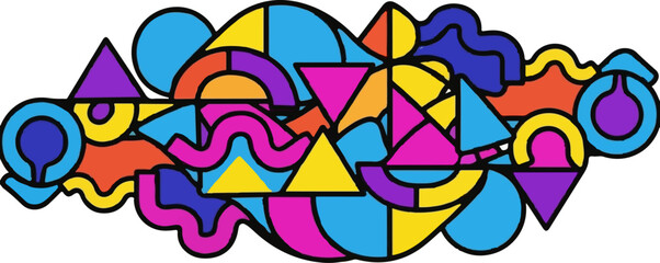 Vibrant abstract composition with geometric and organic shapes in bold colors