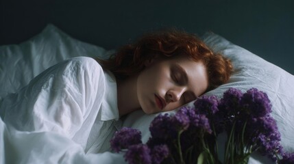 Young woman sleeping in bed with her eyes closed and her head resting on a white pillow. she has red curly hair and is wearing a white blouse.