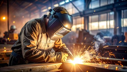 A welder focuses intently on welding metals, surrounded by sparks and industrial ambiance