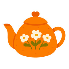 Orange teapot with floral pattern. For cafe menus, tea branding, kitchen decor, stickers, posters, web banners.