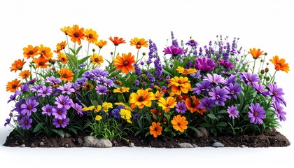 Colorful bed of various blooms against white