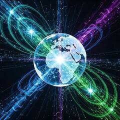 Illuminated digital globe radiates energy streams across dark space