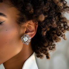 Beautiful woman with big earrings, jewelry close-up. Her hair is beautifully styled.