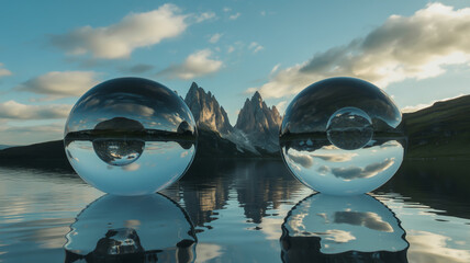 Reflections of majestic mountains in chrome spheres by calm water