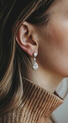 Beautiful woman with big earrings, jewelry close-up. Her hair is beautifully styled.