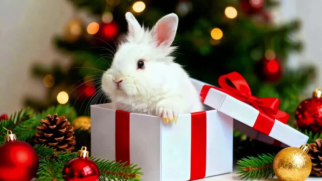 Adorable fluffy white bunny rabbit emerges surprisingly from a festive Christmas gift box tied with a vibrant red satin ribbon, symbolizing holiday cheer and new beginnings.