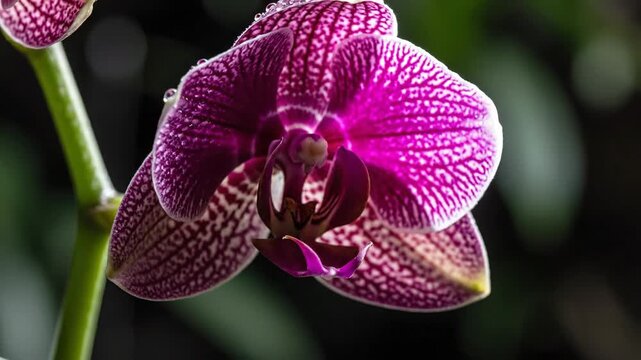 Exquisite purple orchid flower adorned with delicate dewdrops, showcasing intricate patterns and vibrant beauty in natural light