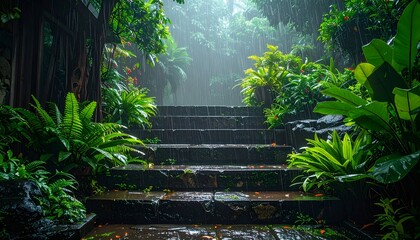 A serene stone staircase surrounded by lush greenery, under gentle rain, evoking tranquility