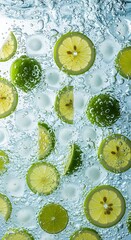Citrus fruit slices and ice cubes suspended in effervescent liquid create a refreshing visual