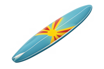 Surfboard showcasing arizona state flag design, bright blue paddleboard for summer, sun, desert, and water sports activities