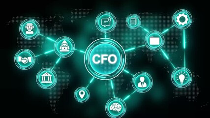 CFO Financial Strategy Global Network Digital Icons Connected on World Map Background Chief Financial Officer