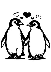 Obraz premium Cute penguin couple holding hands with hearts vector line art, black and white illustration for engrave, laser engrave and Valentine decor