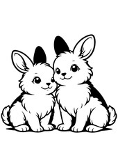 Obraz premium Cute bunny couple vector line art, black and white illustration for engrave, laser engrave and romantic decor