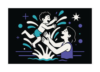 Poolside Joy. Splash moment. A child jumps into a parent?s arms in the pool; water arcs brighten the scene. Floating shapes emphasize excitement. Modern