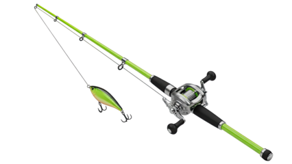 Green Fishing Rod and Bait Lure on White Background