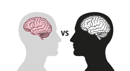 Comparison of two human heads in profile reveals the anatomical structure of the brain to represent psychology, intelligence, or thought.