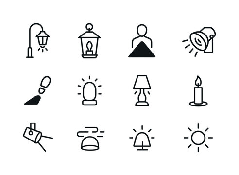 Mysterious Lighting Icons. Mysterious lighting. Line icon set of Mysterious lighting: streetlight, lantern, backlight, spotlight, shadow, glow, dim light,