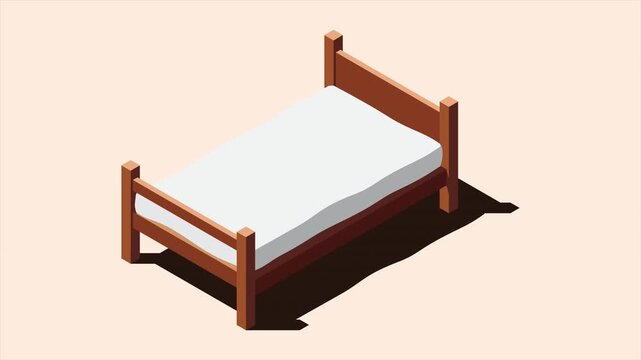 Isometric wooden bed with mattress animation. 3D isometric bed. Wooden bed frame with mattress. Isometric bedroom furniture. Isometric furniture. 4K video animated in isometric style