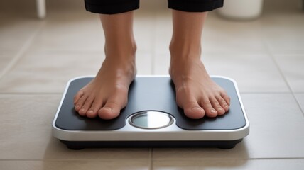 Fototapeta premium Balancing Act: The image depicts bare feet standing on a weight scale, symbolizing personal health, fitness, and body weight.