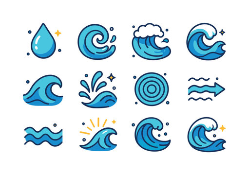 Colorful Wave Motion Icons. Wave Motion. Colorful isometric vector icons set of Wave Motion: water droplet, swirl icon, foam splash, rising crest, curling tip,