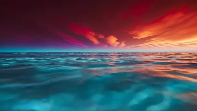 Dramatic ruby sky over turquoise ocean currents in a breathtaking sunset panorama, abstract fluid textures evoke a powerful natural display.