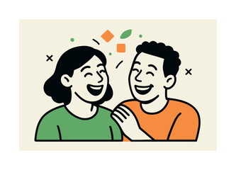 Joyful Friendship Illustration. Laughing duo. Two friends exchange amused glances; soft geometric accents flutter upward like rising joy. Clean lines amplify