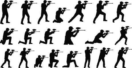 Silhouette set of paintball players in various action poses with guns, tactical movements, team sport concept, isolated vector illustration