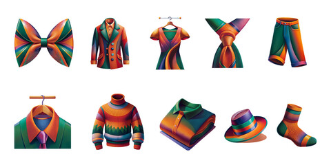 Colorful clothing and accessories 3D gradient illustration icon set &ndash; bow tie, jacket, dress, shirt, sweater, hat and socks transparent background