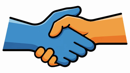 Two hands, one blue and one orange, clasped in a handshake against a white background