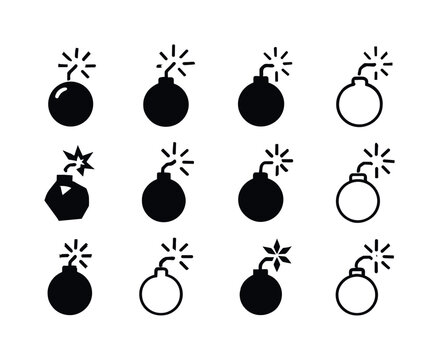 Explosive Logos Grid. Explosive devices. Icon set. Set Logo of Explosive devices: spark ignition symbol. harmonious logo variations of the same emblematic