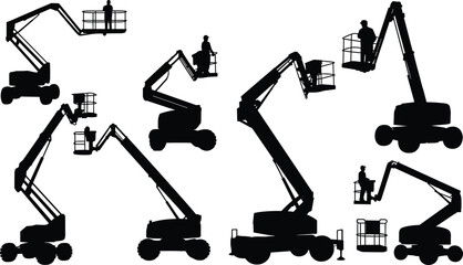 Fototapeta premium Silhouettes of boom lifts with workers elevated on platforms, aerial work platforms, construction equipment, industrial machinery, height safety, maintenance tools