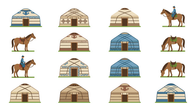 Traditional Mongolian Ger Yurts and Horses.
