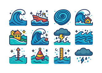 Fototapeta premium Colorful Ocean Disaster Icons. Ocean disasters. Colorful isometric vector icons set of ocean disasters: giant wave, ship in storm, whirlpool, tsunami front,