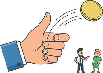 Hand flipping a coin for a toss decision before a soccer match with a referee and player standing