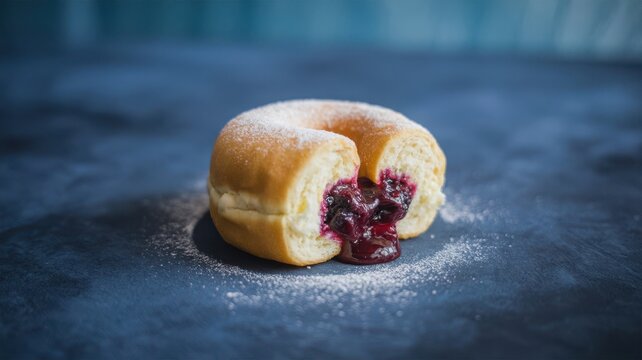 A close-up image of a single, powdered sugar-coated donut with a bite taken out, revealing a rich, dark jam filling.