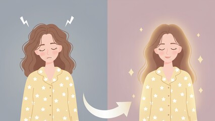 The tired woman changing to refreshed state showing better rest recovery and sleep apnea improvement concept