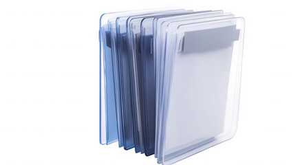 Stack of transparent plastic document holders with tabs for organization and storage of papers and files on transparent background