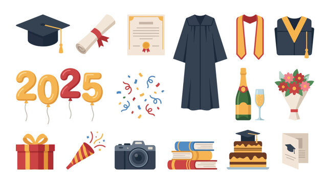 Graduation ceremony elements with gown and diploma.