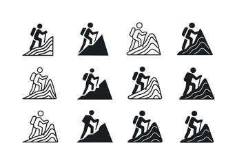 Mountain Logo Variations. Hiking up a mountain. Icon set. Set Logo of hiking up a mountain: contour map lines rising upward. harmonious logo variations of the