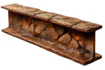 Rusty i-beam structure showing weathered metal corrosion and broken concrete texture, isolated on transparent background