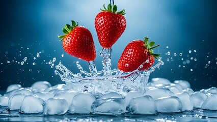 Three Red Strawberries Splashing into Ice Cubes with Water Droplets water splash red fruit green leaves