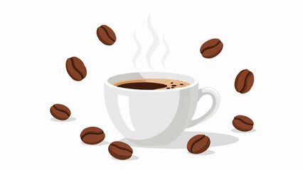 Obraz premium Steaming coffee cup with scattered beans