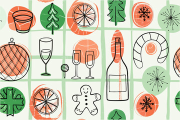 Festive holiday pattern with drinks treats and christmas decorations