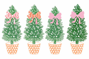 Charming watercolor illustrations of four potted christmas trees with decorative bows