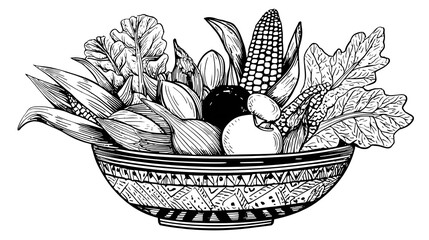 Monochrome illustration of a bowl overflowing with fresh, detailed depictions of various vegetables
