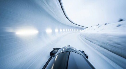 Dynamic bobsledding race on an ice track, first person view